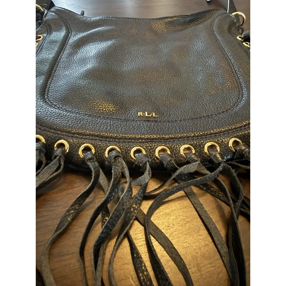 Lauren Ralph Lauren Fringe Fleetwood Hobo Bag Purse Black Leather  Bohemian - Picture 5 of 15